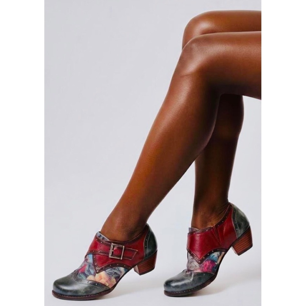 L'Artiste Spring Step Leather Floral Wingtip Monk Strap Shooties Red Blue 38
